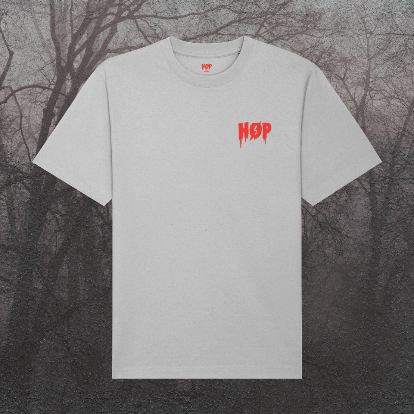 Gray t-shirt with red logo on a dark, leafless tree background